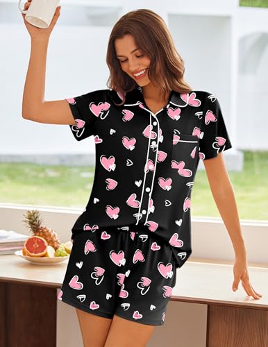 Image of Ekouaer Womens Pajama Sets Button Down Lounge Set 2 Piece Loungewear Soft Sleepwear Short Sleeve Pjs with Pockets