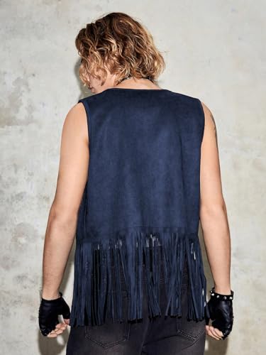 Image of Verdusa Men's Sleeveless V Neck Studded Detail Fringe Trim Open Front Vest Jacket