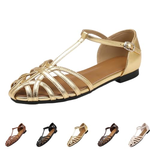UK 4 Womens Caged Closed-Toe Hollow Toe Flat Sandals T Bar Strap Buckle Roman Vintage Casual Fisherman Sandals Walking Sandal A1_Gold