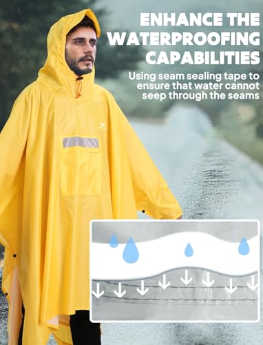 ANYOO Leichter Wasserdichter Regenponcho Regenjacken mit Ärmeln Belüftet Mehrzweck Regenmantel Unisex mit Kapuze Ideal für im Freien Camping Wandern Angeln, Dunkelgelb, Einheitsgröße