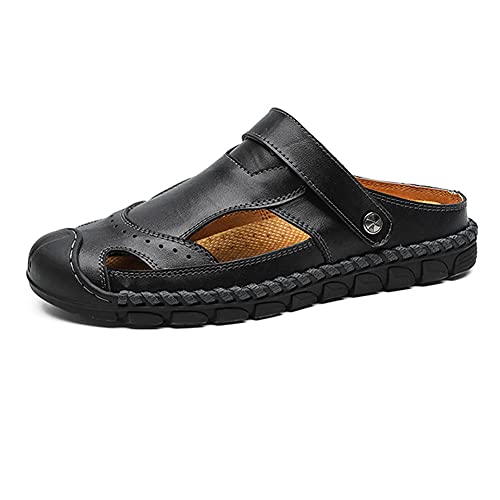 Mens Leather Sandals Casual Closed Toe Sandals Beach Shoes Outdoor Hiking Sandals Fashion Lightweight Waterproof Strap Adjustable Slippers (Black 46)