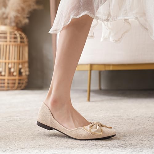 Women's Foldable Ballet Flats Dressy Casual Slip On Shoes for Women Closed Pointed Toe Bow Dress Flats Apricot2