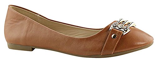 Bella Marie Women's Closed Round Toe Rhinestone Crystal Dress Ballet Flat,9 B(M) US,Tan - Image 3