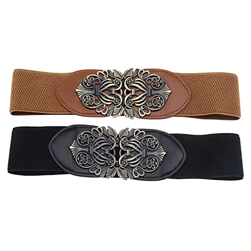 2pcs Vintage Ladies Stretch Waist Belt Cinch Waistband Alloy Polyester Black Brown for Jeans Pants Dresses Coats Jacket Tunic Blouses, Brown,black, 62x7.1cm