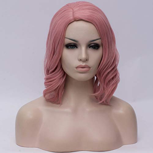 BUFASHION Bob Curly Wavy Wig Short Light Pink Wigs Cosplay Costume Halloween Wigs For Women With Wig Cap (Light Pink)