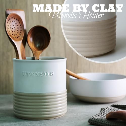 WILDMOS Ceramic Utensil Holder,Farmhouse Kitchen Utensil Holder for Countertop,Large Kitchen Utensil Organizer,Cooking Utensil Crock.
