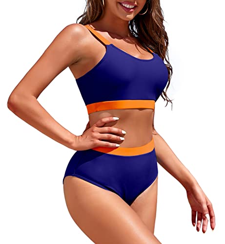 Image of Womens High Waisted Bikini Sets Sporty Crop Top Color Block Swimwear Bandeau Scoop Neck Vintage Two Piece Bathing Suits