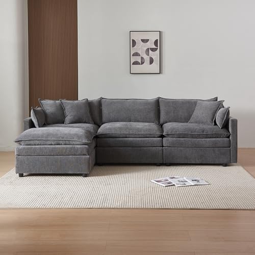A ALFRESCOOL Sofá con función de dormir, sofá esquinero tapizado, sofá de 4 plazas, sofá con reposapiés, sofá en forma de L, sofá cama para salón, tela chenilla, 276 x 75 x 89 cm (gris)