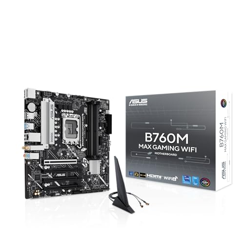 ASUS B760M MAX Gaming WiFi Intel® B760 (LGA 1700) mATX Motherboard, Advanced AI PC-Ready, PCIe 5.0 x16, DDR5, 3X M.2, Wi-Fi 6, DisplayPort, HDMI, SATA, USB 10Gbps Type-A, USB 5Gbps Type-C®, Aura Sync