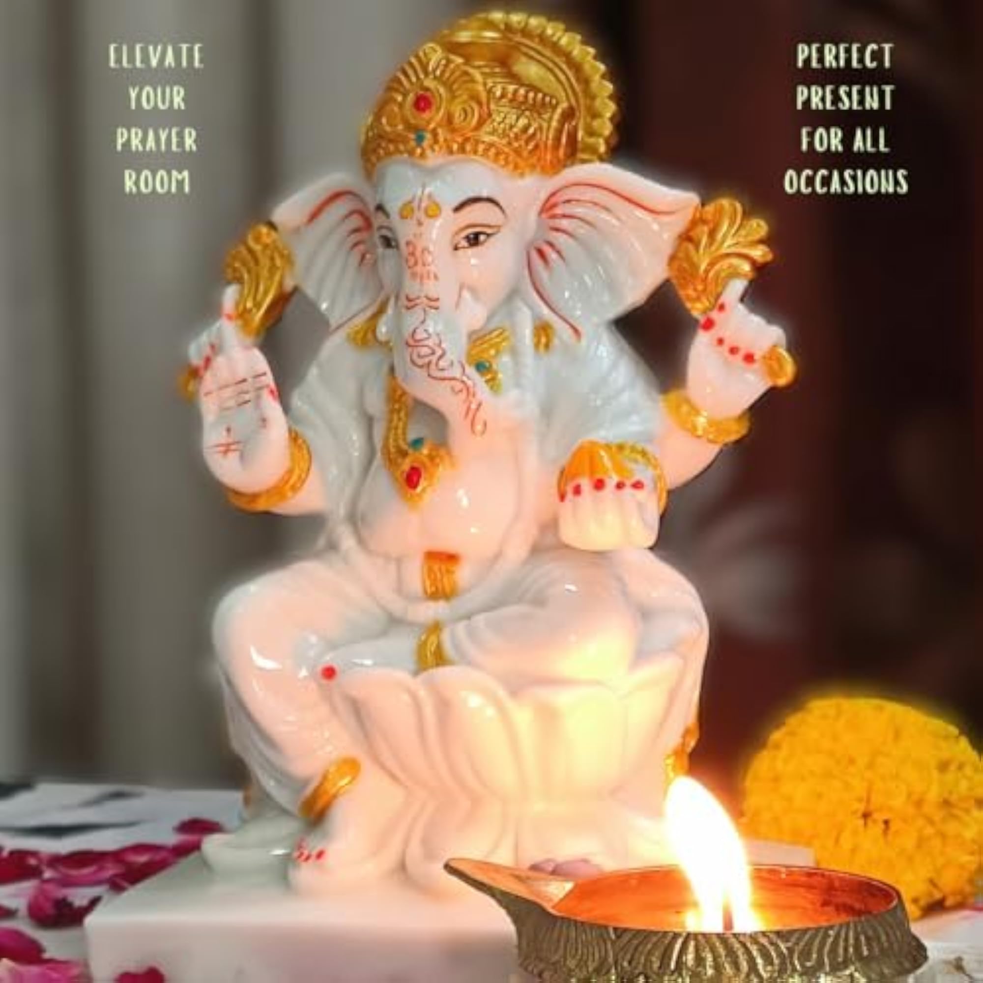 Marble Dust Ganesh Idol, 7 Inch White Kamal