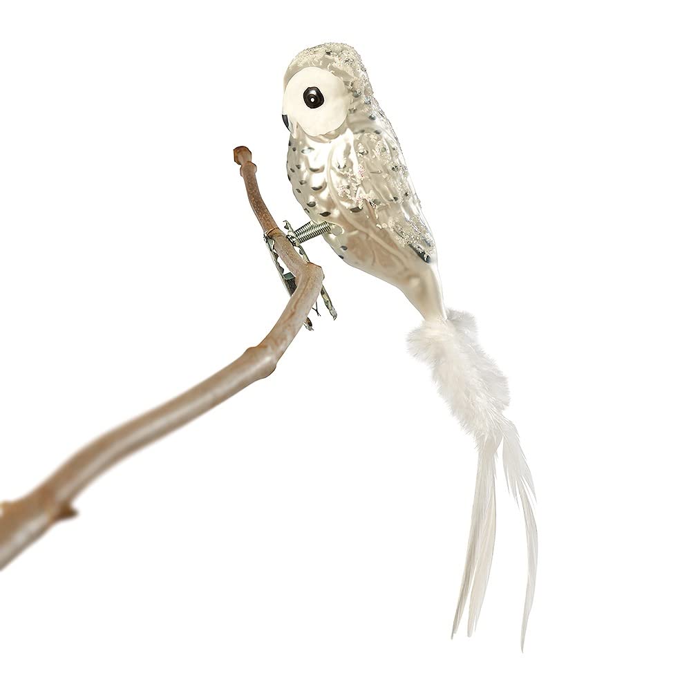 Birds of Glass® Glass Bird, Snow Gowl with Natural Feather, Glass Decoration Made in Germany from Own Production, Decorative Bird with Clip, Real Lauscha Christmas Tree Decoration, for Indoor Use