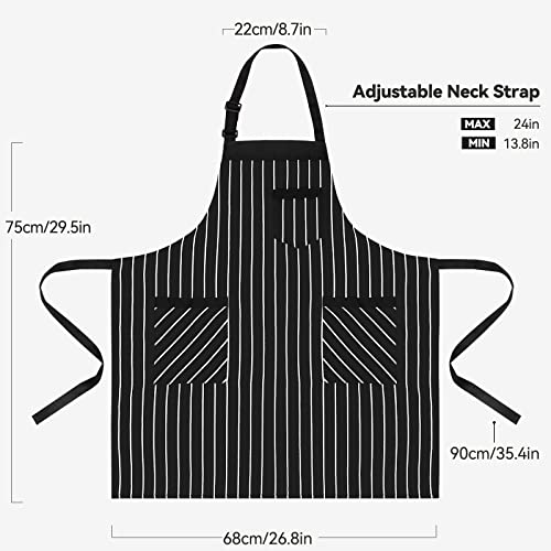 NLUS 2 Pack Cooking Aprons for Women with Pockets Adjustable Kitchen Bib Aprons for Women Men Chef, Black/White Stripe (Black/White Stripes)