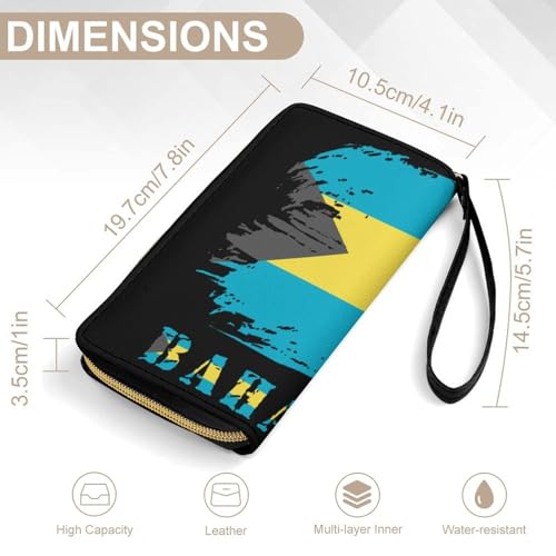 generic Vintage Bahamas Bahamian Flag Leather Wallet for Womens Men, Patriotic Flag PU Zip Wallet with String Around Long Large Purse Coin Card Holder Ladies Billfold, 19.7x10.5cm2