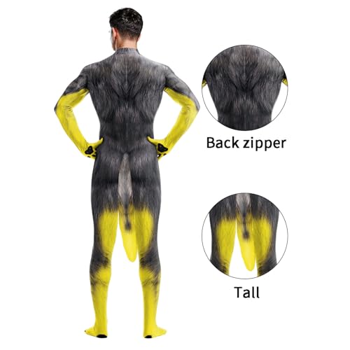 Image of Animal Full Bodysuit for Men Muscle Spandex Jumpsuit Furry Costume with Big Tail for Adult Cosplay Halloween Party