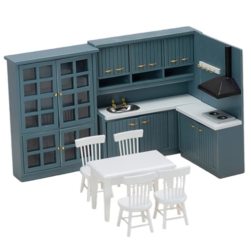Cocina de casa de muñecas para juego de simulación con mesa y gabinete