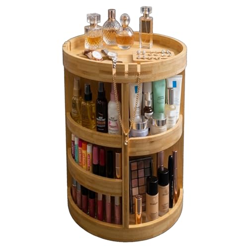 altCooking Hub Bamboo Rotating Makeup Organizer with Adjustable Shelves - Round, Multipurpose Storage 360&deg; Carousel for Vanity, Bathroom, Kitchen Countertop, Bedroom, Desk