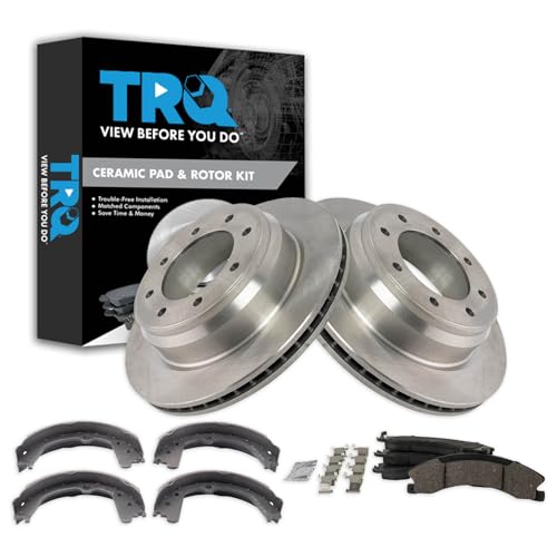 Image of TRQ Rear Brake Pad and Rotor Set Ceramic Parking Brake Shoes Compatible with 2012-2019 Nissan NV1500 NV2500 NV3500