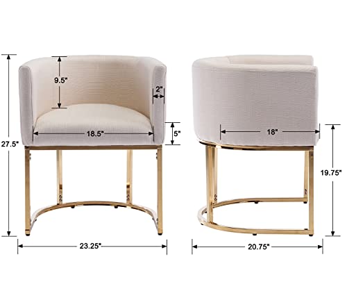 Image of HNY Mid Century Modern Upholstered Barrel Dining Chairs with Arms Set of 3, Linen Kitchen & Dining Room Chairs, 18.5 inch Wide Accent Chairs for Dining Room Living Room with Gold Metal Frame, Cream