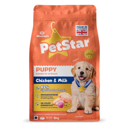 Image of PetStar Puppy Dog Food, Chicken & Milk, 3 kg | High Protein Formula for Growing Puppies | DHA for Brain Development | Supports Immunity, Digestion & Strong Bones