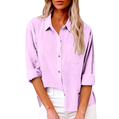 Women Cotton Linen Button Down Shirts Casual Rolled Up Long Sleeve Lapel Business Tops Office Work Blouse Plus Size Plain Tee