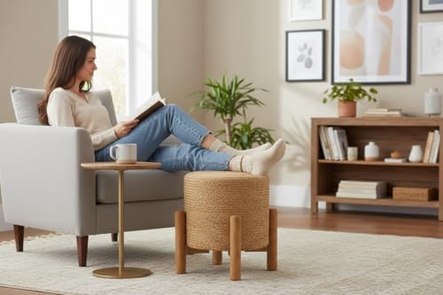 Image of Handcrafted Jute Ottoman Pouffe with Wooden Stand Support | Durable & Stylish Footrest Stool for Living Room & Bedroom | Natural Fiber Seating Pouf | 40x40x40 cm