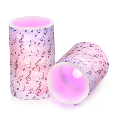 Watercolor-Full-Musical Notes Print Flameless Pillar Plastic Led Candles, Battery Operated with Remote/Timer Color Changing Soft Light, Set of 2 for Festival, Wedding,Home Party Decor