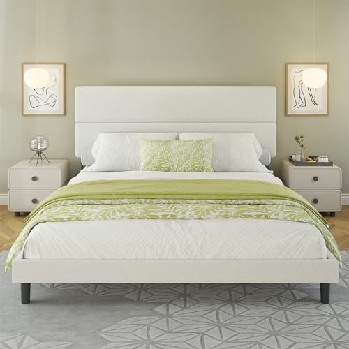 AMERLIFE Queen Size Boucle Upholstered Bed Frame with Adjustable Headboard - No Box Spring Needed, White