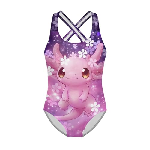 Girls One Piece Swimsuits Axolotl Cross Back Swimwear Beach Summer Quick Dry Beach Bathing Suit