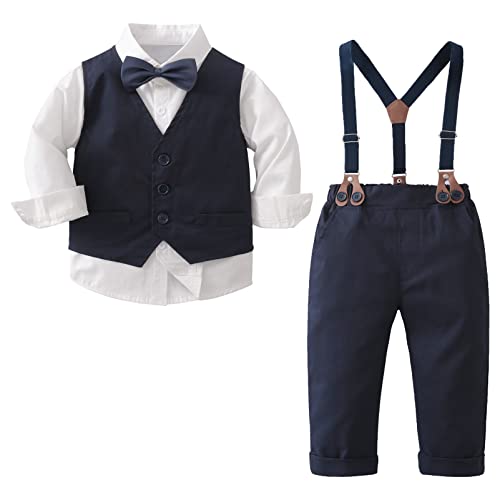 amokk - amokk Baby Boy Formal Wear Suits Bow Tie and Suspenders Outfit for 1st Birthday Party Christening Clothing Set (Navy, 12-18 M)