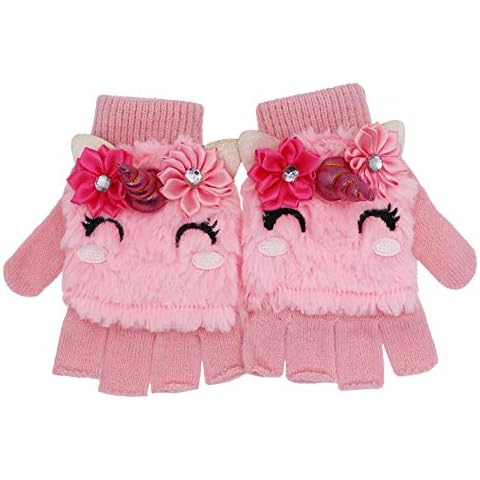 Kids Unicorn Flip Top Gloves with Mitten Cover Knitted Winter Fingerless Convertible Mittens for Boy Girls Toddler Cover