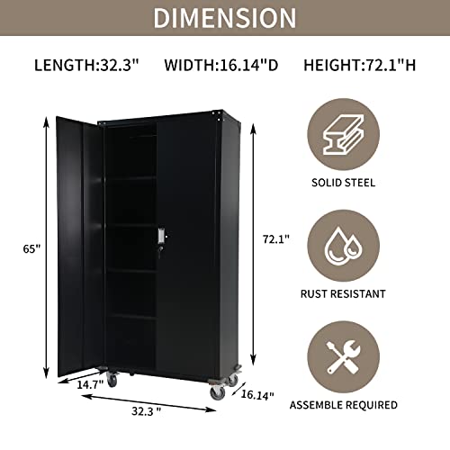 Pataku Rolling Storage Cabinet With Wheels, 72" Metal Garage Storage Cabinet With Locking Doors And Shelves, Steel Storage Cabinet On Wheels For Home,Office Garage (Black) #TOP2