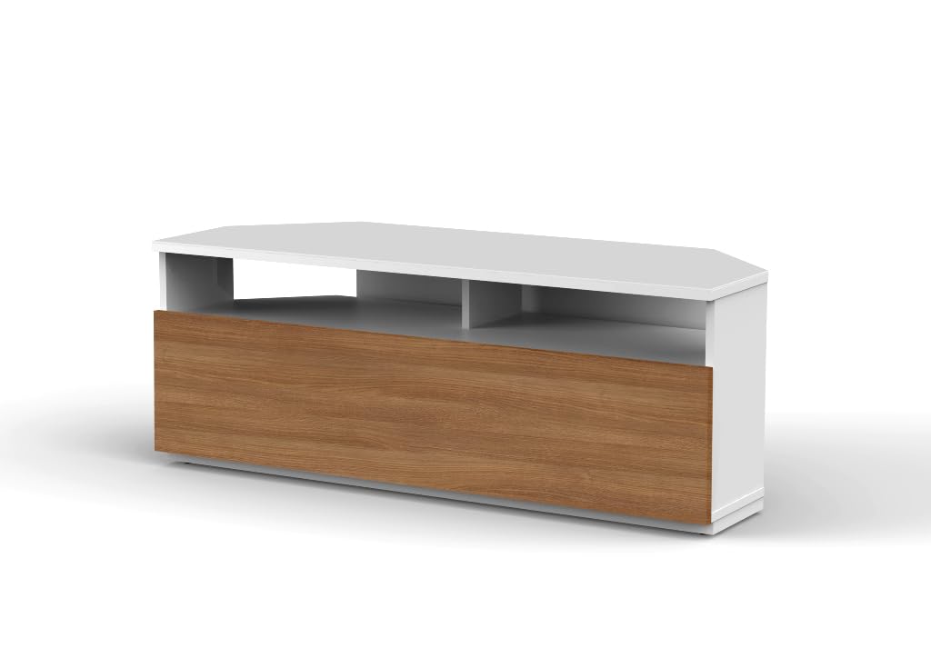 RO&CO Sonorous TRD100-WHWN | Mueble TV Esquinero Blanco 100 cm | Puerta Abatible Nogal | Diseño Moderno para Salón | Almacenamiento Oculto | Soporta hasta 40 kg | Mueble TV de Esquina.