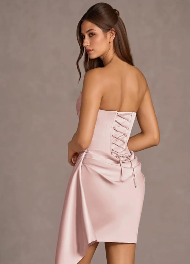 Strapless Satin Homecoming Dresses for Teens 2026 A-line Short Prom Dress Pleated Cocktail Party Gowns with Scarf - Image 3