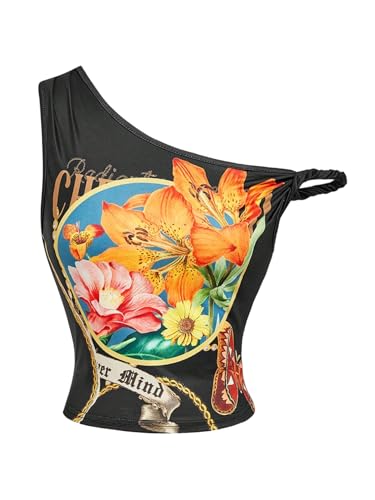 Image of SOLY HUX Women's Y2k Off The Shoulder Tops Vintage Floral Sleeveless Going Out Crop Tank Top Tropical Vacation Outfits