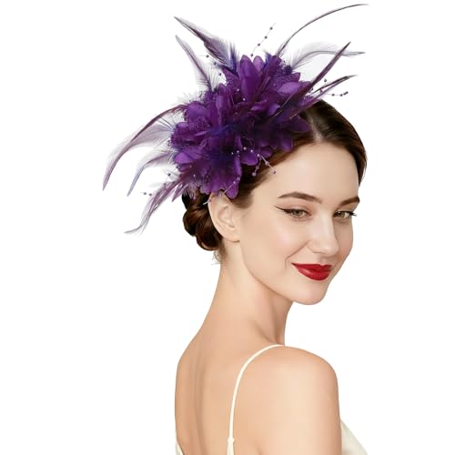 AQOKKA Women Fascinators Hats Flower Fascinators with Headband and Clip Tea Party Headwear for Women and Girls Purple