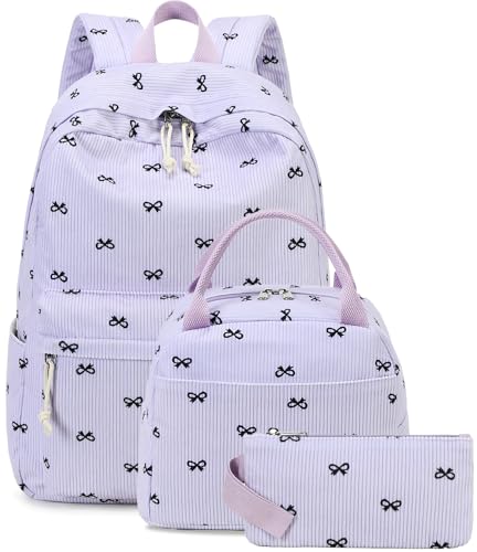 LEDAOU Mochila para meninas, mochila escolar, mochila infantil para adolescentes, conjunto de mochila com lancheira e estojo de lápis, Estampa de laço, 17.3 x 11.8 x 5.5 inches, Mochila para meninas