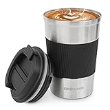 Kaffeebecher to go Thermo mit auslaufsicherem Deckel, 380ML Edelstahl vakuumisolierter Reisebecher doppelwandige Isolierung Autotasse Kaffee to go becher für Tee, Kaffee, Wasser (Metallische Farbe)