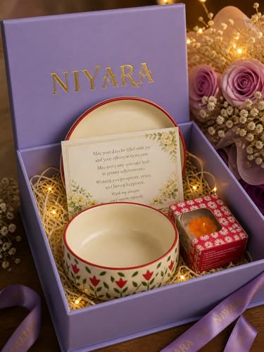 Image of Niyara Stoneware Handmade Ceramic Stylish Premium Serving Bowls /Salad Tray Microwave Dishwasher Safe (Red Leaf Bowl, with Gift Box & Candle)