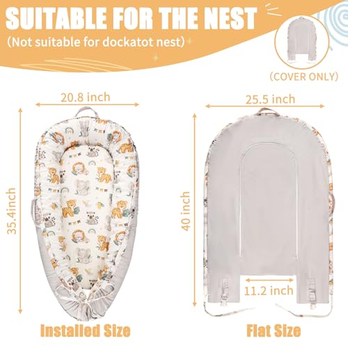 Image of Baby Lounger Cover for Boys Girls, Reversible Baby Nest Cover, Adjustable Baby Lounger Replaceable Cover for Infant Newborn, Portable and Machine Washable, Cotton Gray Elephant Cover Only