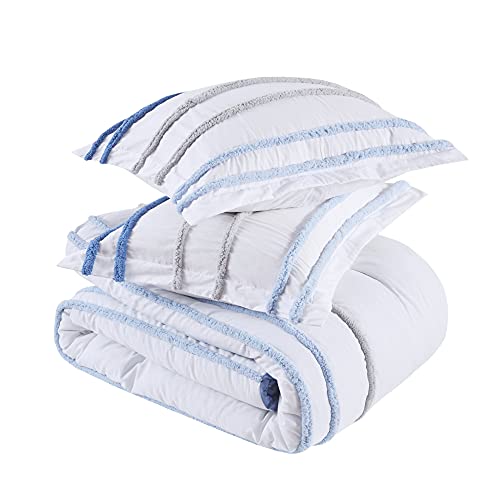 Comfort Spaces Marlo Cotton Comforter Set - Vibrant Color And Adorable Print, Cozy Bedding With Matching Shams, Decorative Pillow, Chenille Stripes Blue, Full/Queen 4 Piece #TOP3
