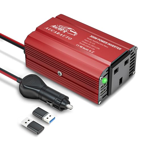 AUCARAUTO 300W Car Power Inverter 12V to 240V / 230V Modified Sine Wave Voltage Converter with USB-A 4.8A Charging Ports, Durable Aluminum Body, Charge Your Laptop, iPhone, Tablet - Red