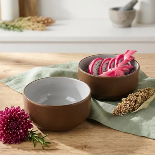 Image of BLACKCARROT Stoneware Ceramic Bowls Set of 2 | 750 ml Each, Microwave Safe, Bone Ash-Free, Salad & Pasta Bowls | Elegant Brown Sand Design