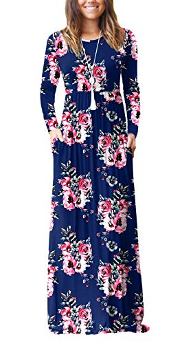 HAOMEILI Women's Casual Loose Pocket Long Dress Long Sleeve Floral Print Maxi Dresses XL Print Navy