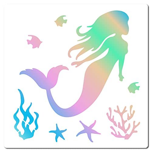 GORGECRAFT Mermaid Stencils Coral Templates Aquatic Plants Starfish Fish Sea Creatures Reusable 18x18cm Square Painting Stencils for Wall Scrapbooking Summer DIY Art Crafts Home Decorations