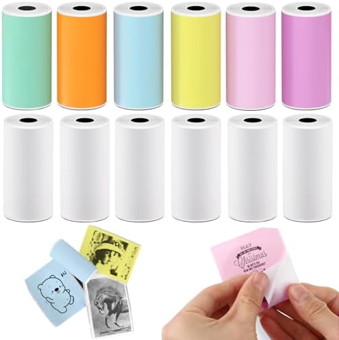 BYBOUS 12 Rolls Self Adhesive Multicolor Thermal Paper 53x28mm Compatible with Phomemo T02/M02 Mini Thermal Printer Learning Notes Gift Diary Diary Work