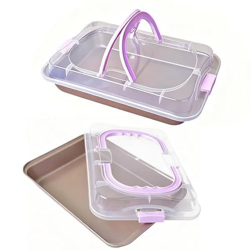 FAAING 2 Stück Rechteckige Backblech mit Deckel Antihaft, Blechkuchen Transportbox Backform Rechteckig mit Deckel, Kuchen Transportbox mit Klappbarem Griff...