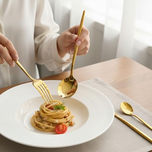 Image of 4 Pcs Gold Slim Handle Stainless Steel Cutlery Set for Dining Table with Spoon and Fork Set & Butterknife - The Perfect Tableware /Flatware