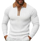 Ctreela Men's Performance Ribbed Long Sleeve Polos Athletic Moisture Wicking Golf Shirt Active Zipper V Neck Top White