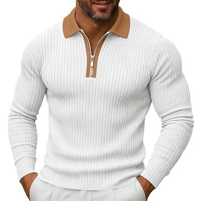 Ctreela Men's Performance Ribbed Long Sleeve Polos Athletic Moisture Wicking Golf Shirt Active Zipper V Neck Top White