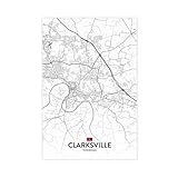 SDKAHKZO Póster de mapa de la ciudad en blanco y negro de Clarksville TN para decoración de pared, para el hogar, bar, restaurante, garaje, cafetería, logotipo, regalo, 30 x 45 cm